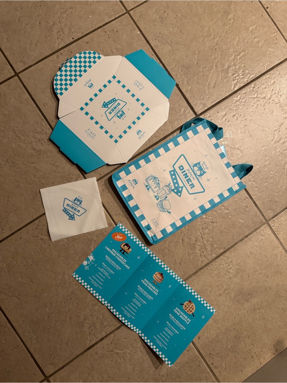 Jellycat Teal and White Retro Diner Tote Set NYC food box napkin menu